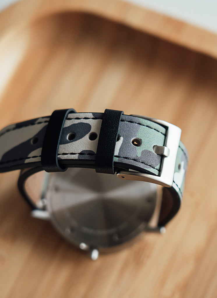 B60 Watch, Silver Case, silver Dial, Leather Strap - Camouflage Green