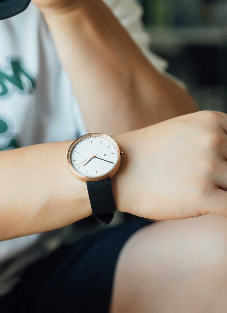 B202 Watch, Rose Gold Case, Off White Dial, Calendar, Leather Strap - Black