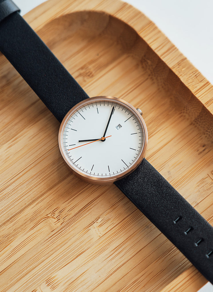 B202 Watch, Rose Gold Case, Off White Dial, Calendar, Leather Strap - Black