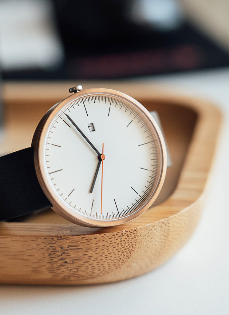 B202 Watch, Rose Gold Case, Off White Dial, Calendar, Leather Strap - Black