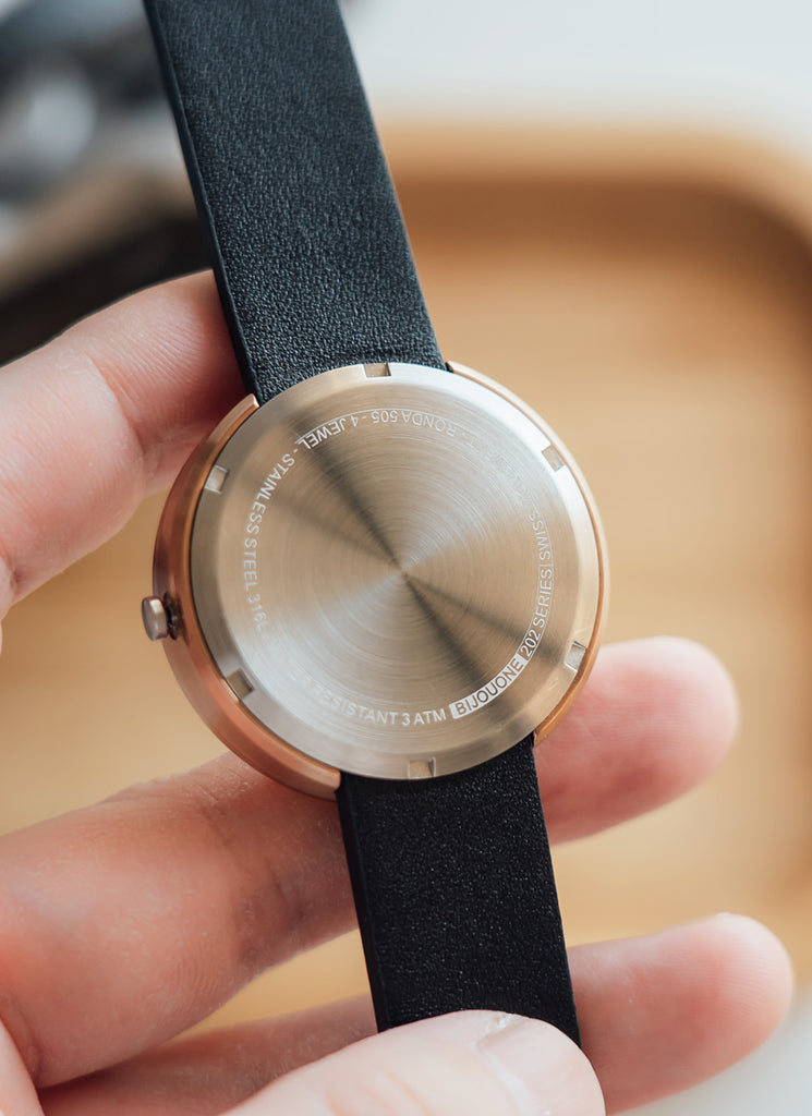 B202 Watch, Rose Gold Case, Off White Dial, Calendar, Leather Strap - Black