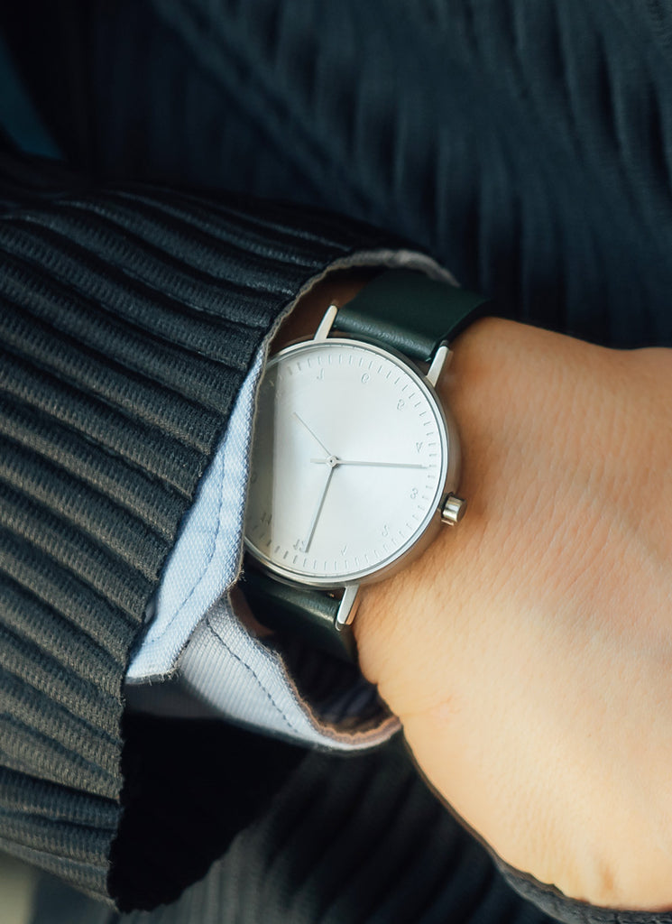 B60 Watch, Silver Case, silver Dial, Leather Strap - Green