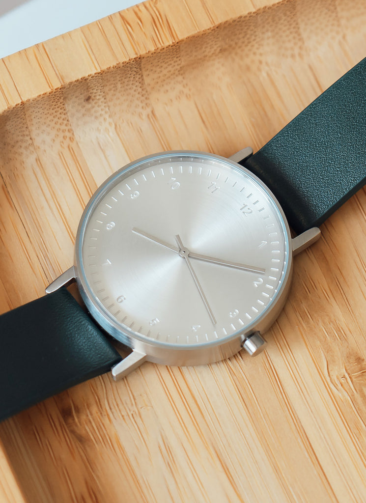 B60 Watch, Silver Case, silver Dial, Leather Strap - Green