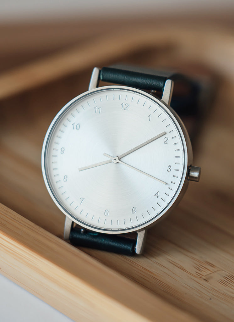 B60 Watch, Silver Case, silver Dial, Leather Strap - Green