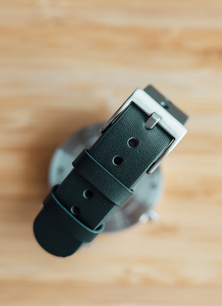 B60 Watch, Silver Case, silver Dial, Leather Strap - Green