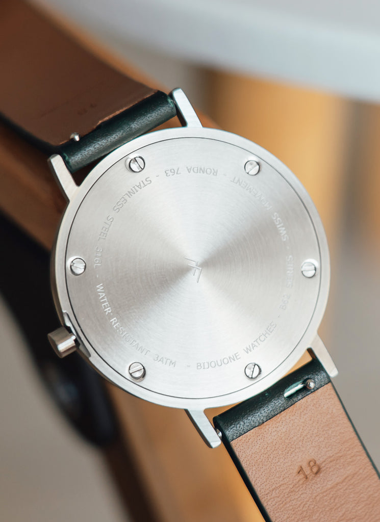 B60 Watch, Silver Case, silver Dial, Leather Strap - Green