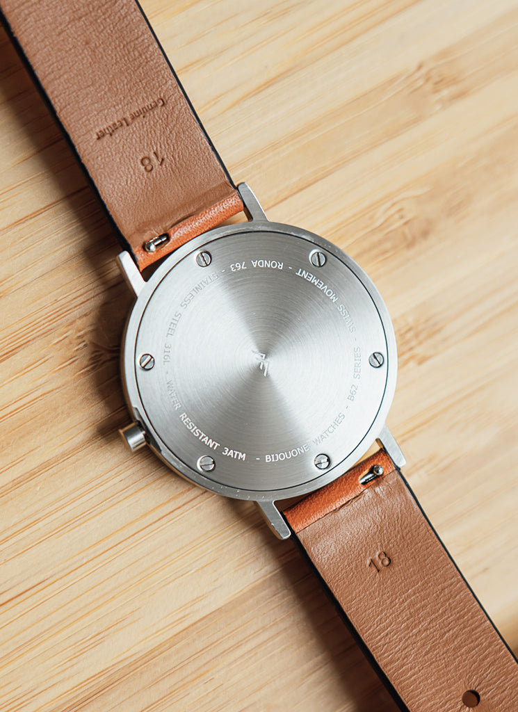 B60 Watch, Silver Case, silver Dial, Leather Strap - Tan