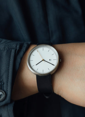 B202 Watch, Silver Case, White Dial, Calendar, Leather Strap - Black - BIJOUONE