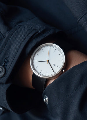B202 Watch, Silver Case, White Dial, Calendar, Leather Strap - Black - BIJOUONE
