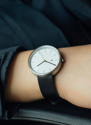 B202 Watch, Silver Case, White Dial, Calendar, Leather Strap - Black - BIJOUONE