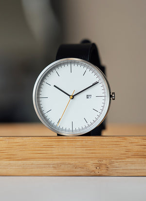 B202 Watch, Silver Case, White Dial, Calendar, Leather Strap - Black - BIJOUONE
