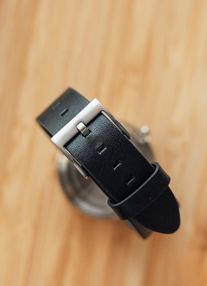 B202 Watch, Silver Case, White Dial, Calendar, Leather Strap - Black - BIJOUONE