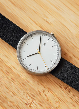 B202 Watch, Silver Case, White Dial, Calendar, Leather Strap - Black - BIJOUONE