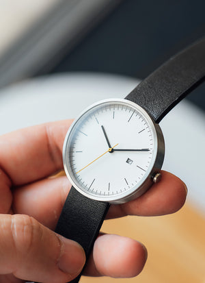 B202 Watch, Silver Case, White Dial, Calendar, Leather Strap - Black - BIJOUONE