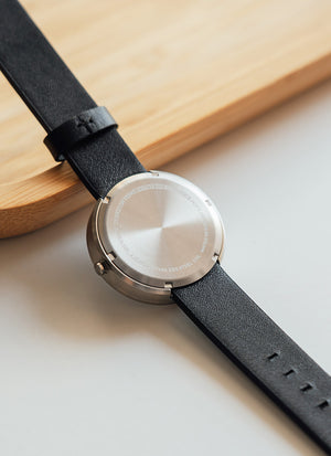 B202 Watch, Silver Case, White Dial, Calendar, Leather Strap - Black - BIJOUONE