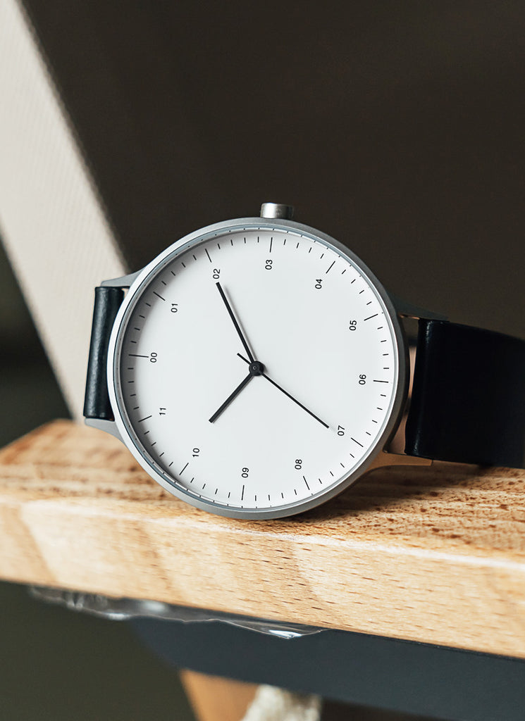 B302 Watch, Silver Case, White Dial, Leather Strap - Black