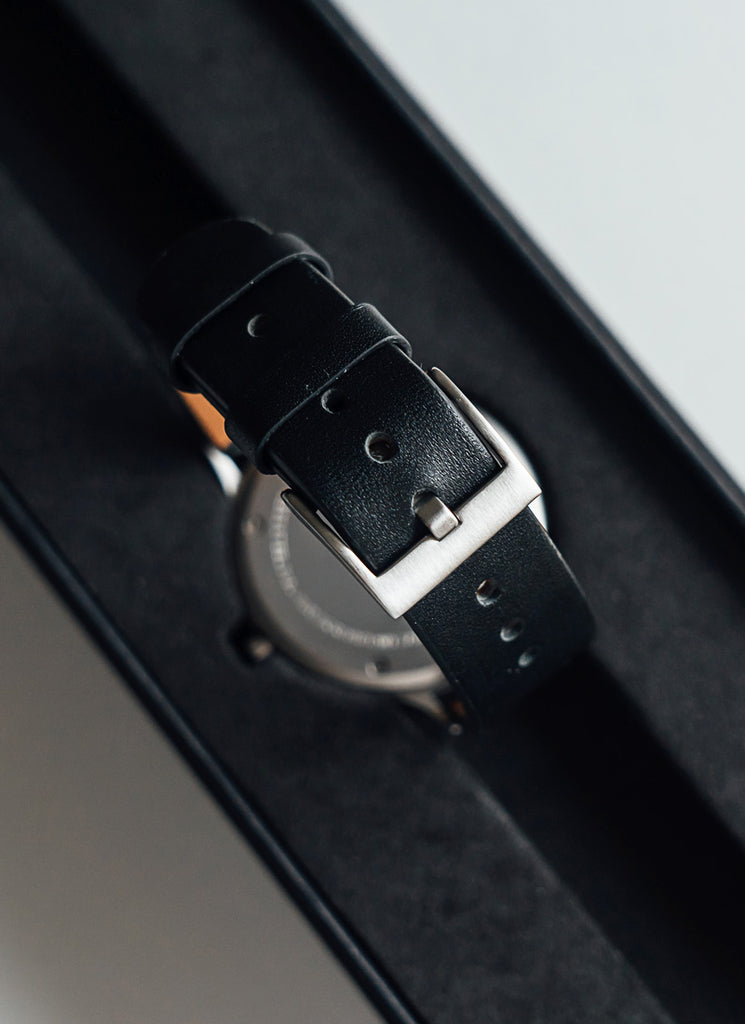 B302 Watch, Silver Case, White Dial, Leather Strap - Black