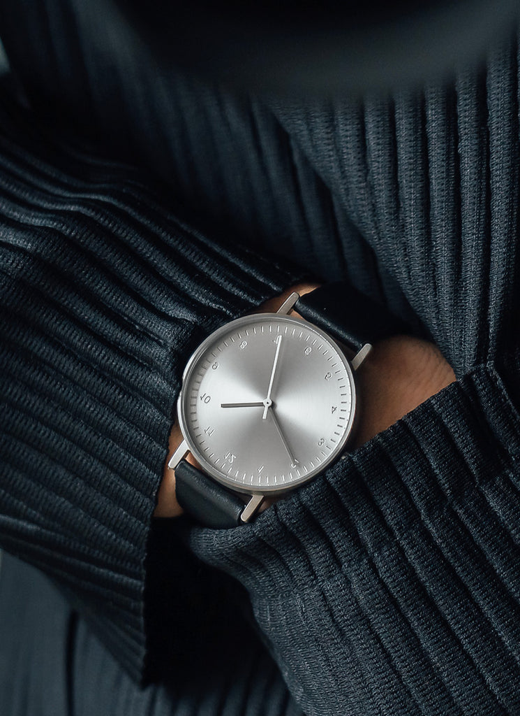 B60 Watch, Silver Case, silver Dial, Leather Strap - Black