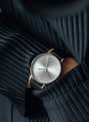 B60 Watch, Silver Case, silver Dial, Leather Strap - Black