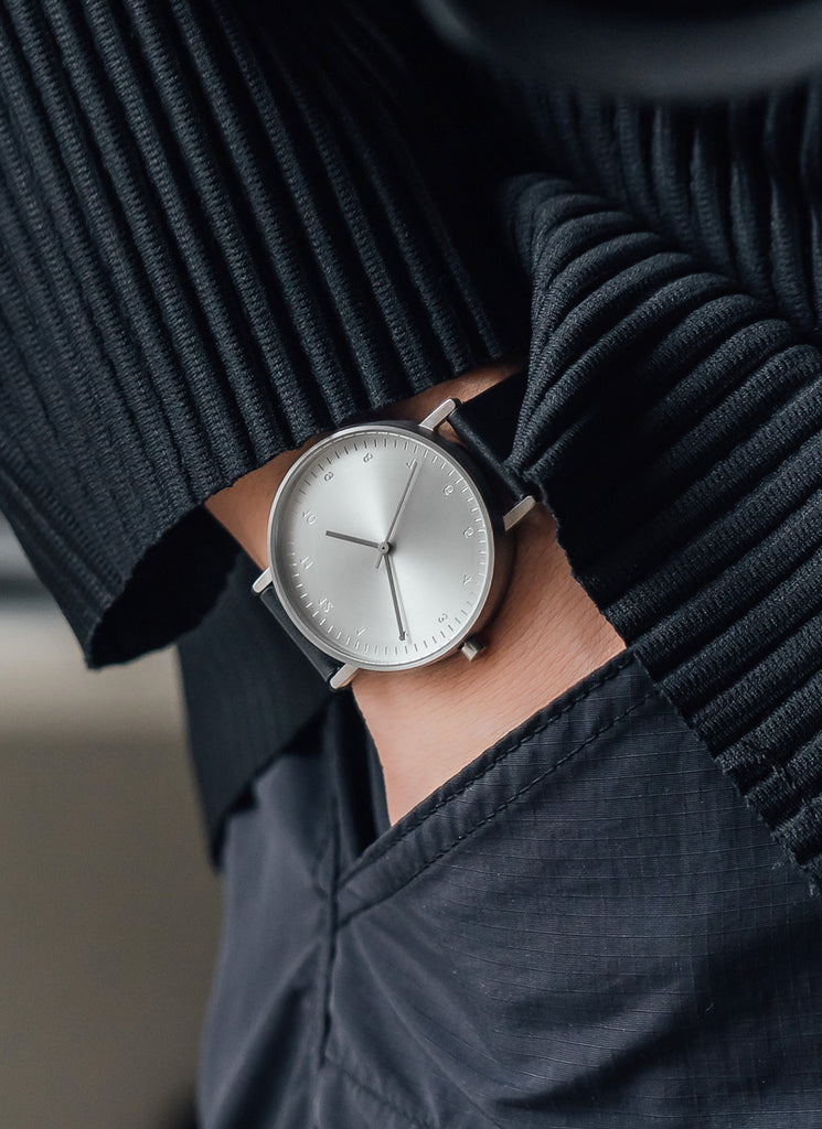 B60 Watch, Silver Case, silver Dial, Leather Strap - Black