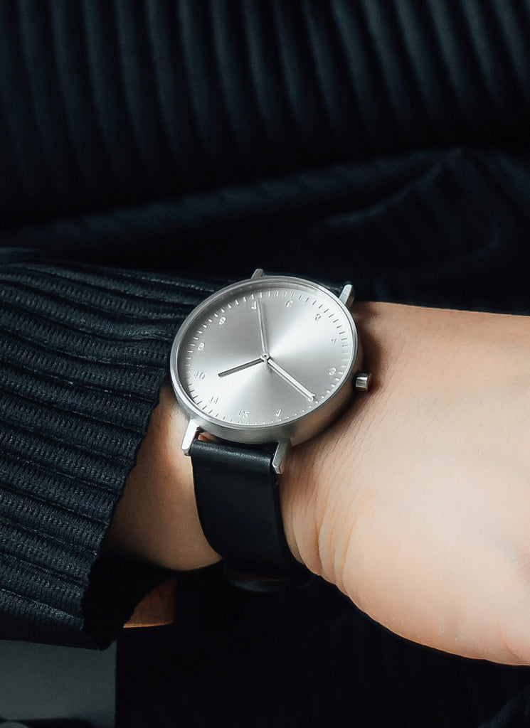 B60 Watch, Silver Case, silver Dial, Leather Strap - Black