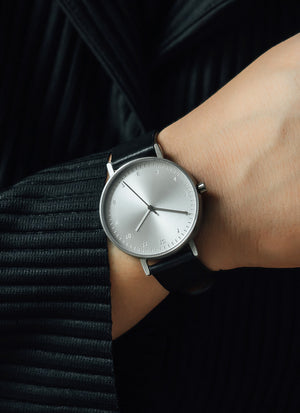 B60 Watch, Silver Case, silver Dial, Leather Strap - Black