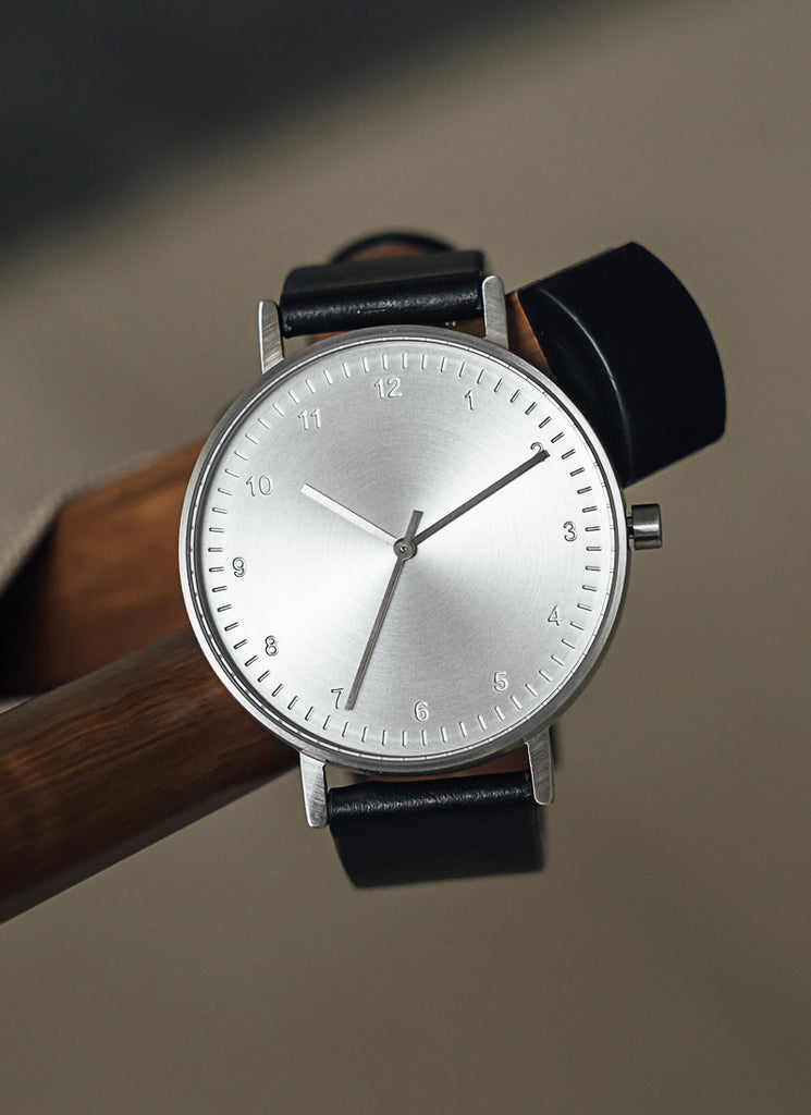 B60 Watch, Silver Case, silver Dial, Leather Strap - Black