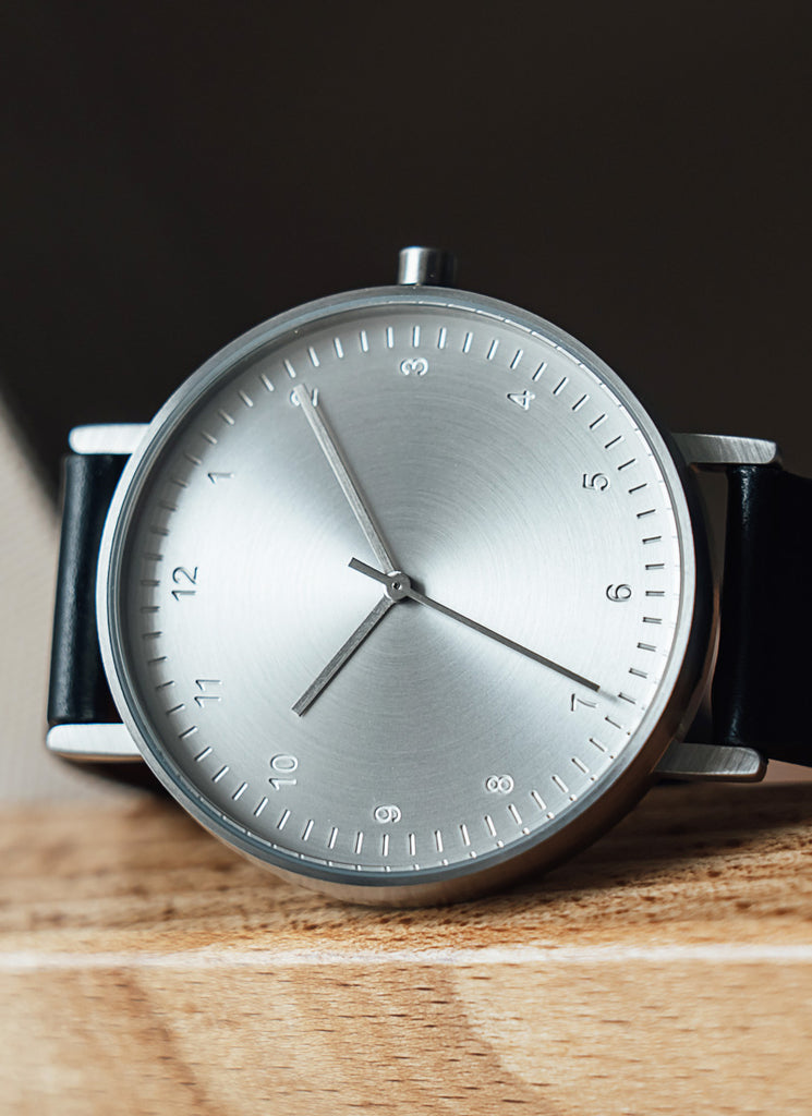 B60 Watch, Silver Case, silver Dial, Leather Strap - Black