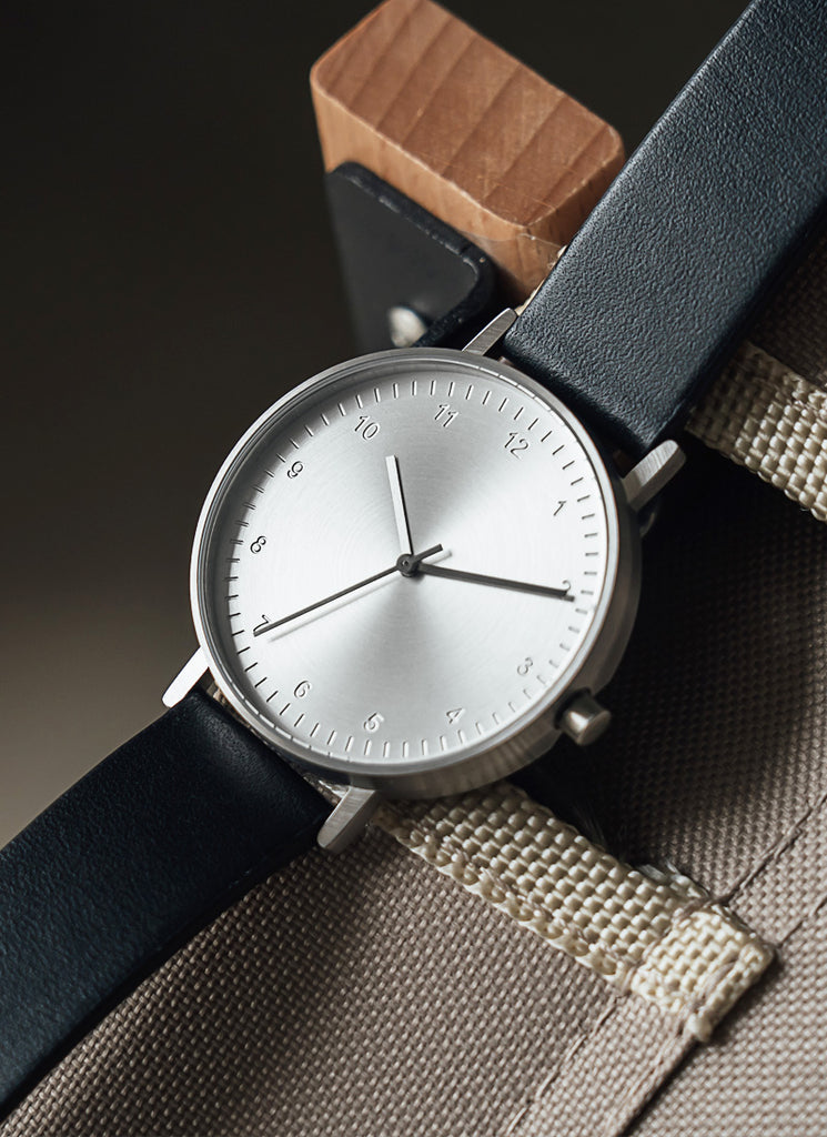 B60 Watch, Silver Case, silver Dial, Leather Strap - Black