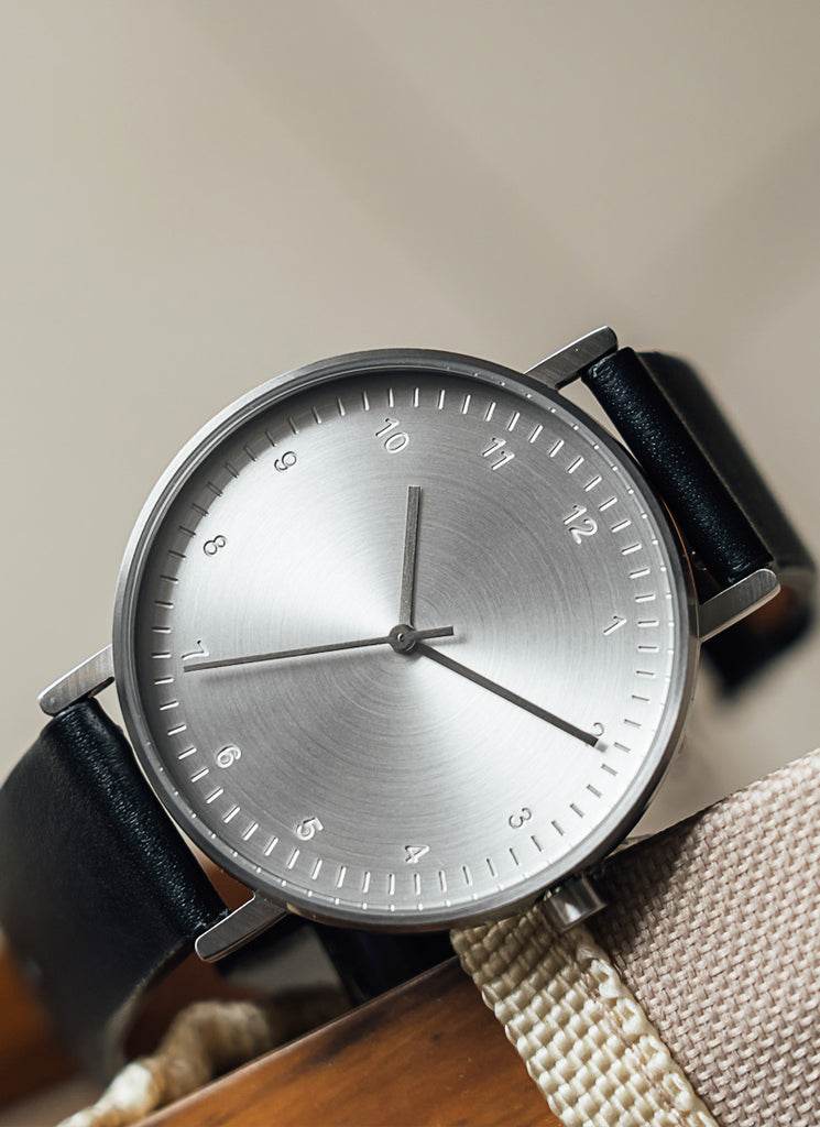 B60 Watch, Silver Case, silver Dial, Leather Strap - Black