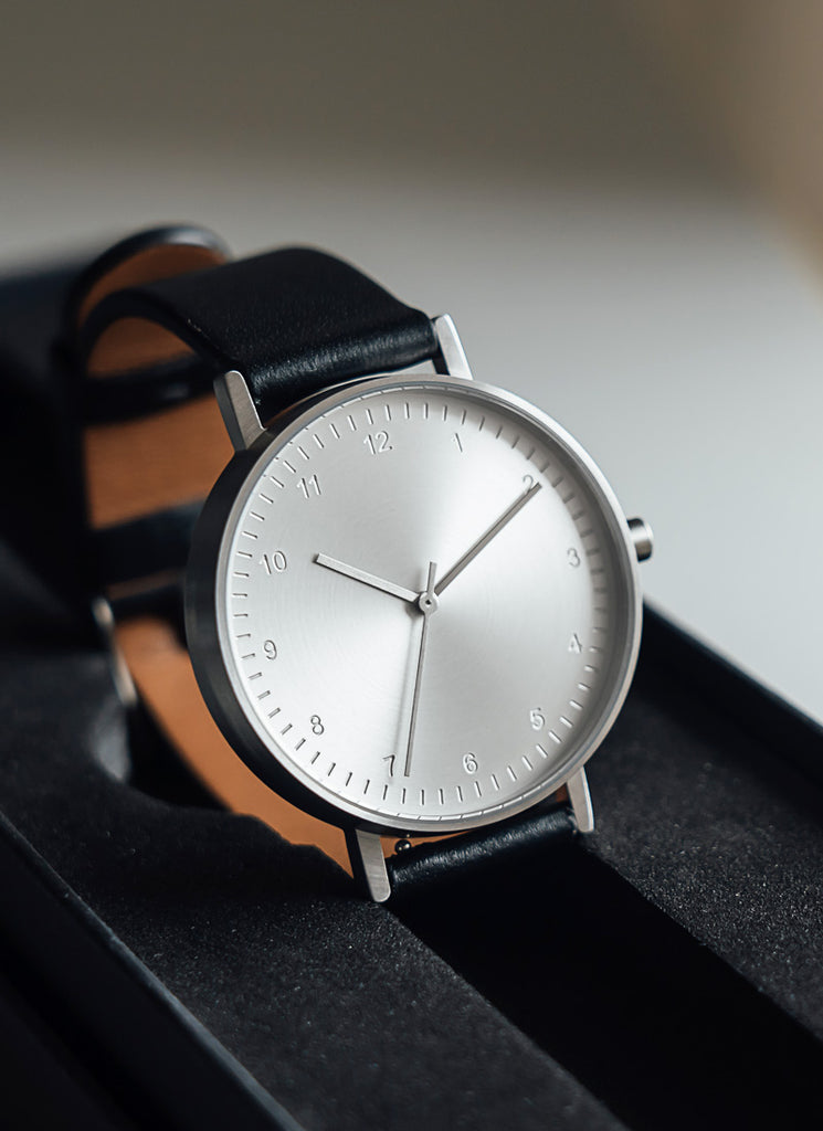 B60 Watch, Silver Case, silver Dial, Leather Strap - Black