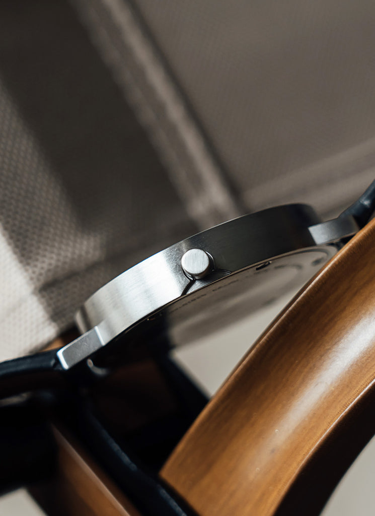 B60 Watch, Silver Case, silver Dial, Leather Strap - Black