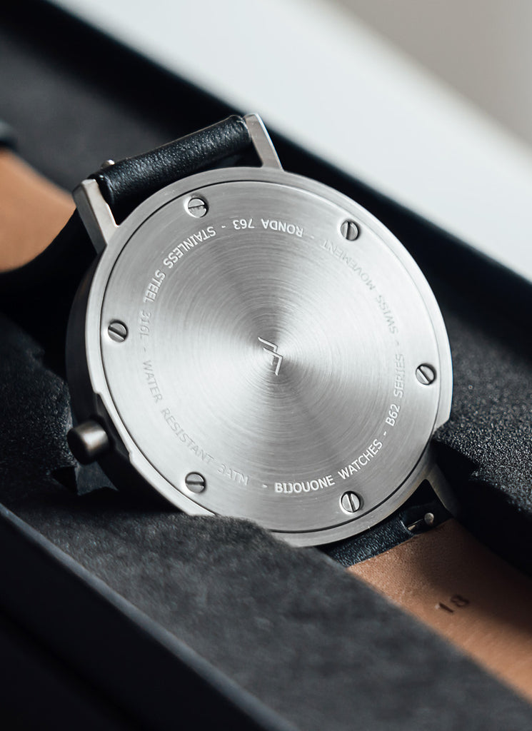 B60 Watch, Silver Case, silver Dial, Leather Strap - Black