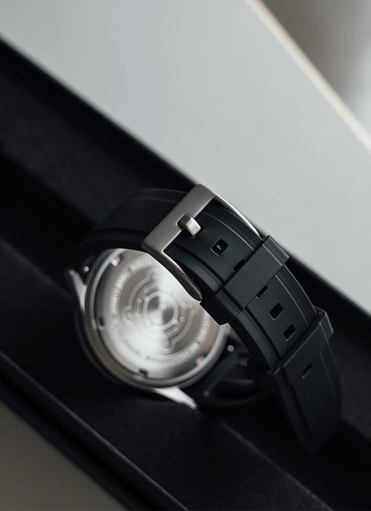 C01 Watch, Matte Silver Case, Black Dial, Sapphire Crystal Glass, Luminous, Rubber Strap