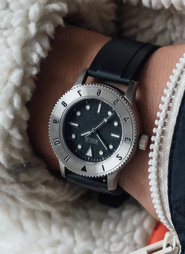 C01 Watch, Brushed Silver Case, Black Dial, Sapphire Crystal Glass, Luminous, Rubber Strap