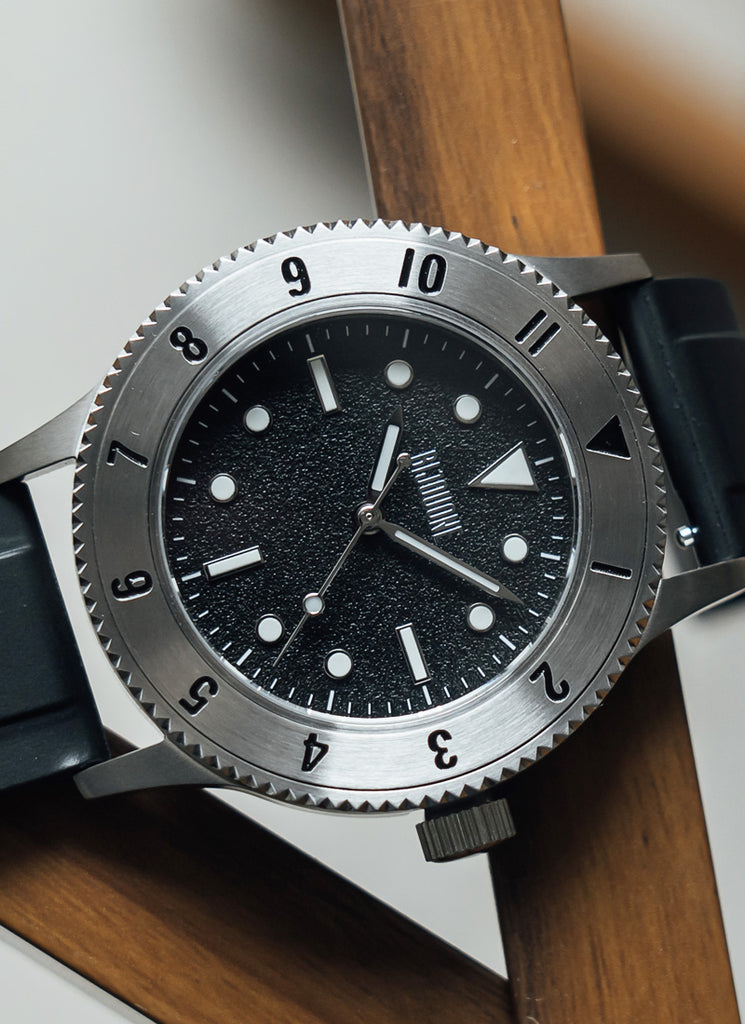 C01 Watch, Brushed Silver Case, Black Dial, Sapphire Crystal Glass, Luminous, Rubber Strap