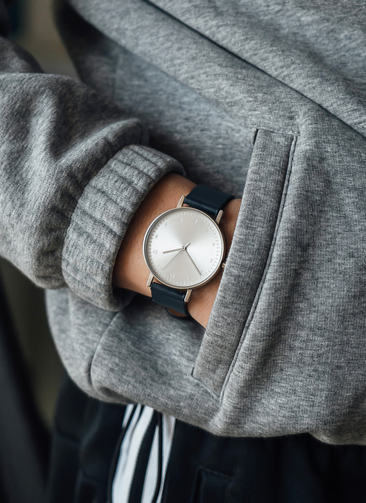 B60 Watch, Silver Case, silver Dial, Leather Strap - Navy