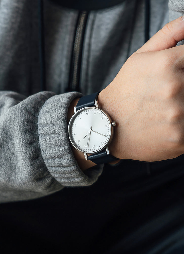 B60 Watch, Silver Case, silver Dial, Leather Strap - Navy