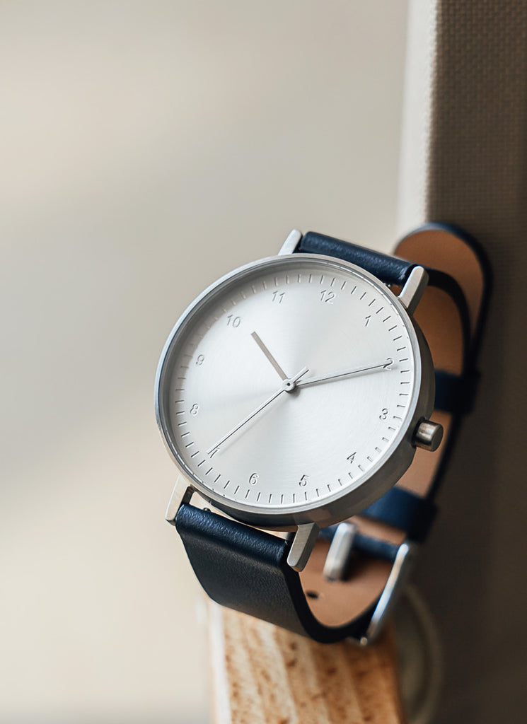 B60 Watch, Silver Case, silver Dial, Leather Strap - Navy