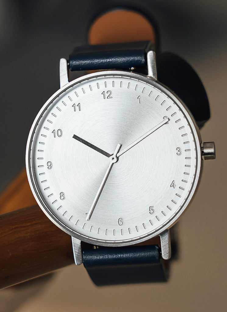 B60 Watch, Silver Case, silver Dial, Leather Strap - Navy