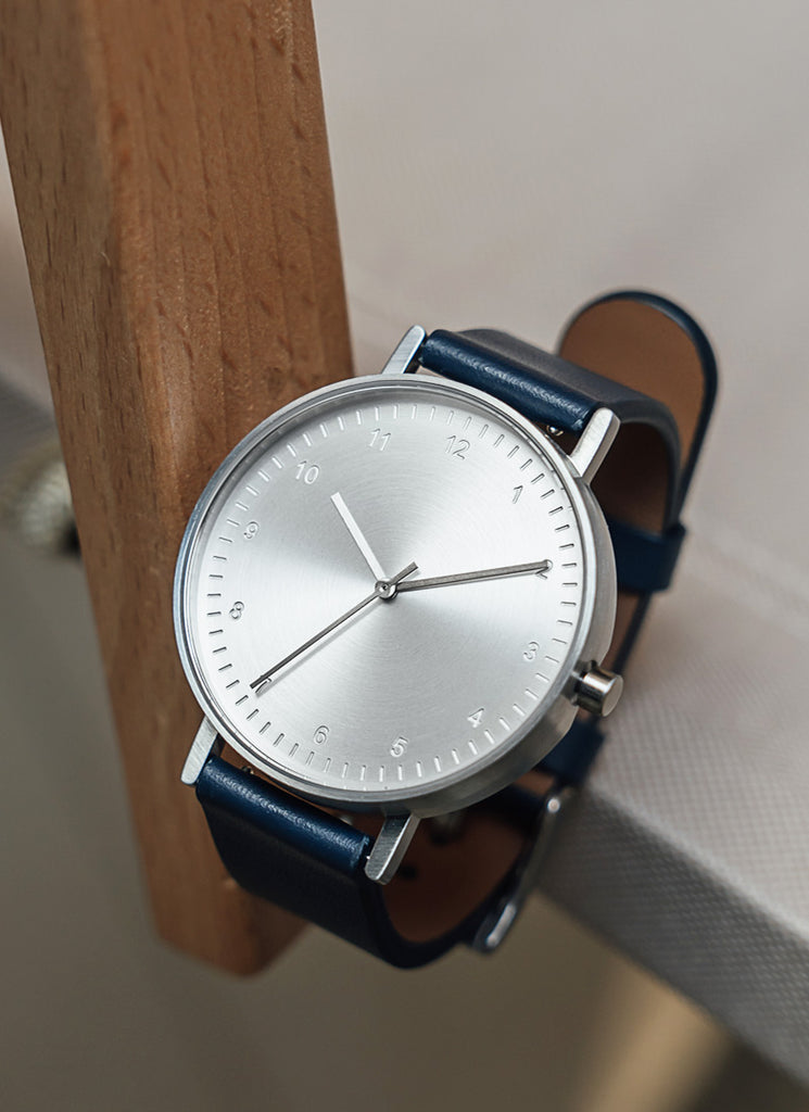 B60 Watch, Silver Case, silver Dial, Leather Strap - Navy