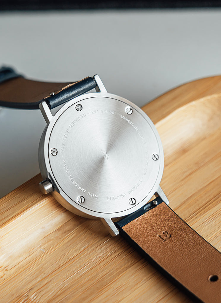 B60 Watch, Silver Case, silver Dial, Leather Strap - Navy