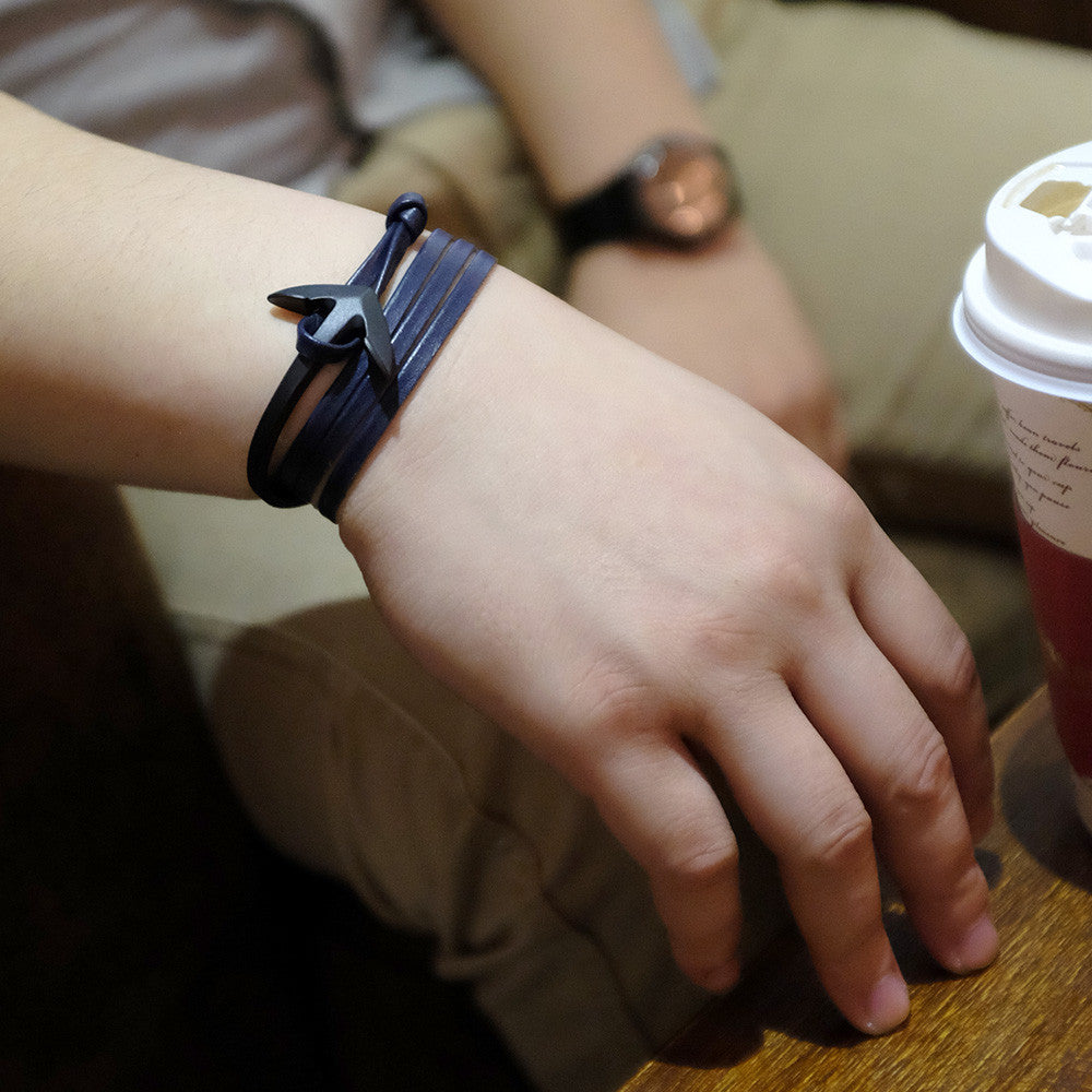Matte Black Anchor Half-cuff On Dark Coffee Leather Bracelet - BIJOUONE