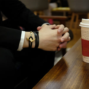 Gold Anchor Half-cuff On Dark Coffee Leather Bracelet - BIJOUONE