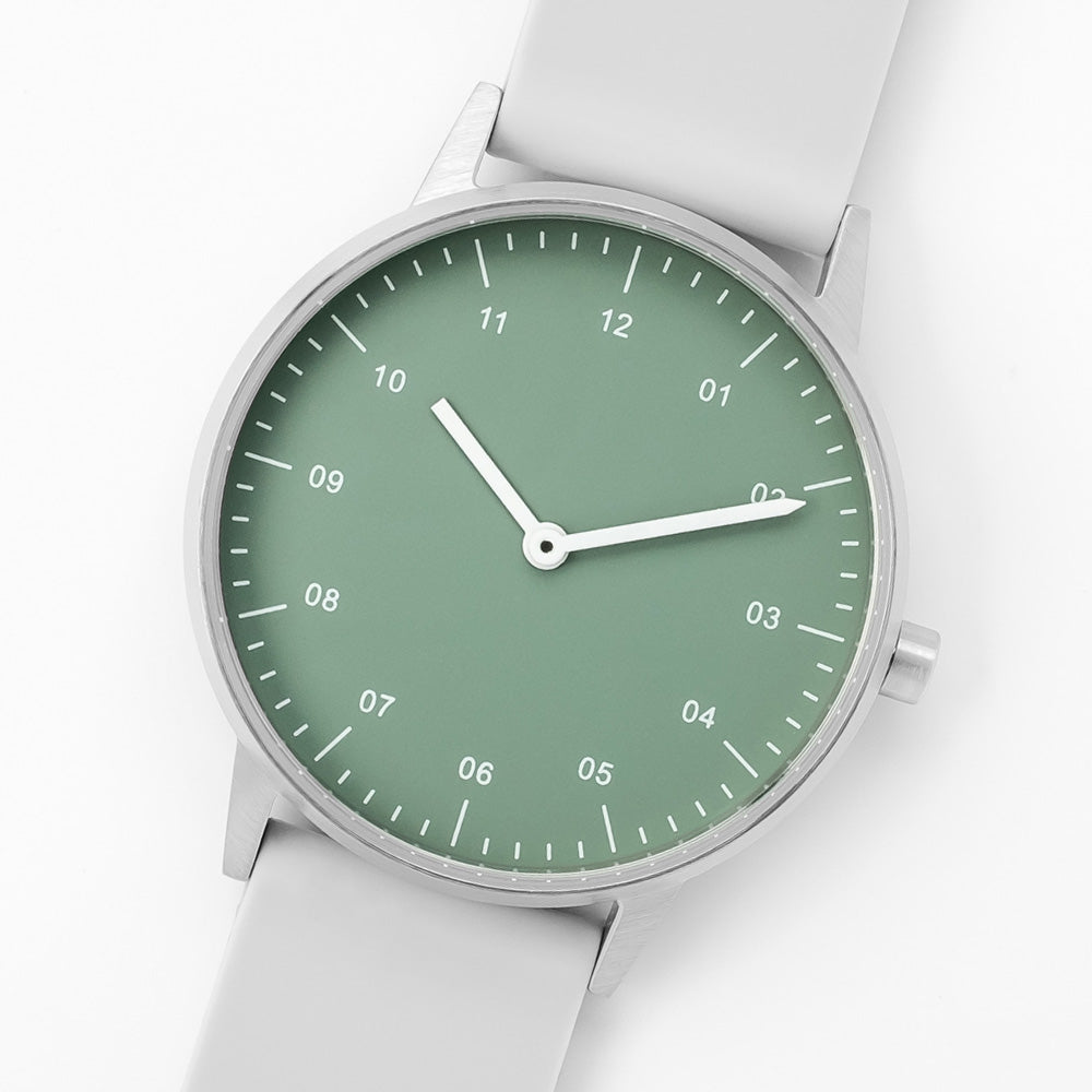 B40 Watch, Silver Case, Green Dial, Rubber Strap - Light Gray