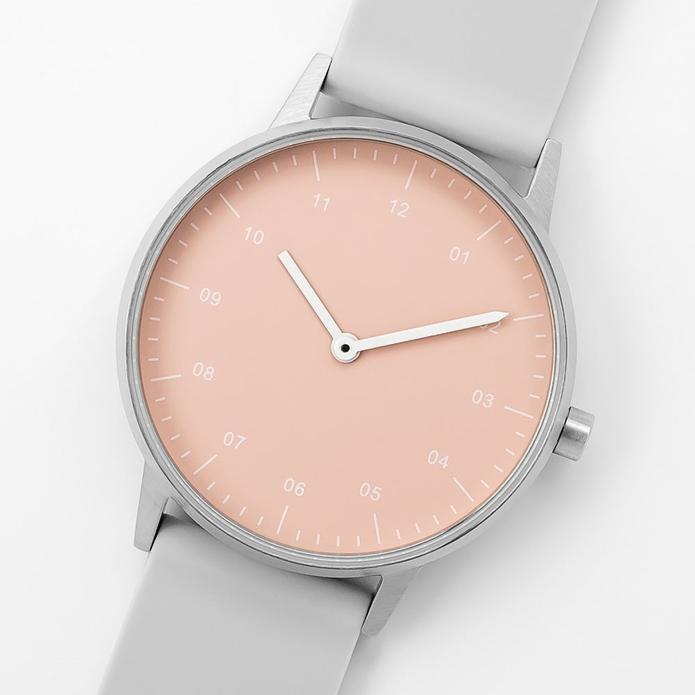 B40 Watch, Silver Case, Nude Pink Dial, Rubber Strap - Light Gray