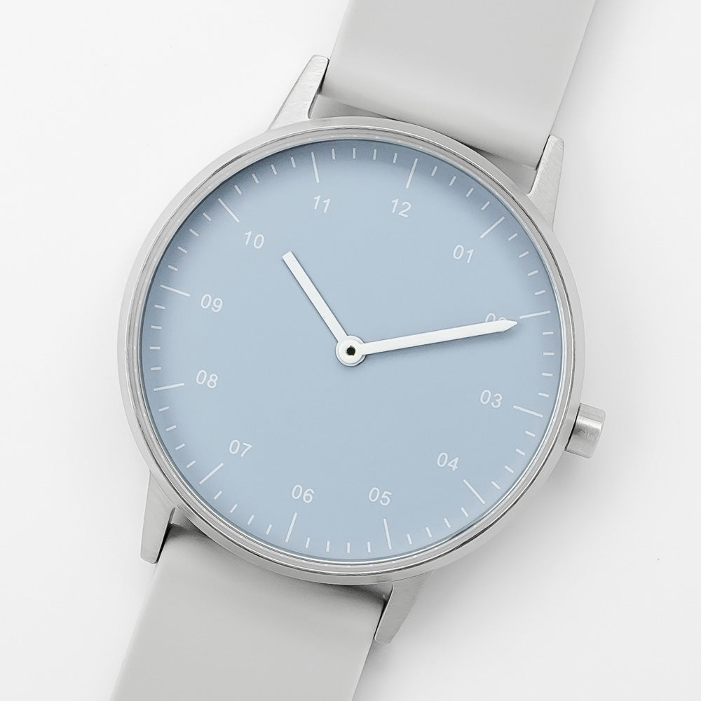 B40 Watch, Silver Case, Dusty Blue Dial, Rubber Strap - Light Gray