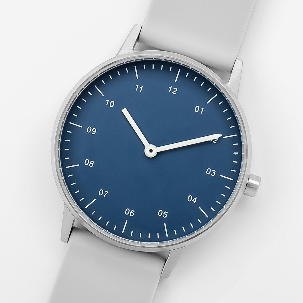 B40 Watch, Silver Case, Classic Blue Dial, Rubber Strap - Light Gray