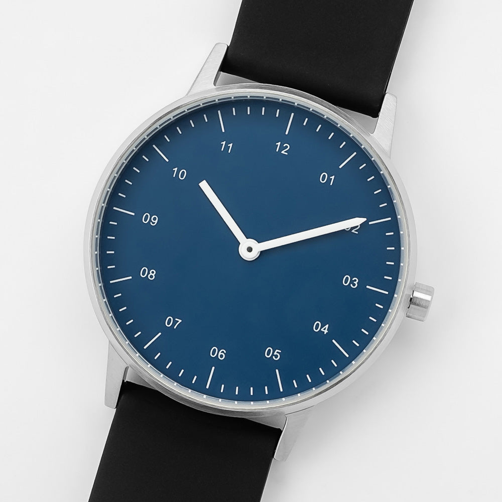 B40 Watch, Silver Case, Classic Blue Dial, Rubber Strap - Black