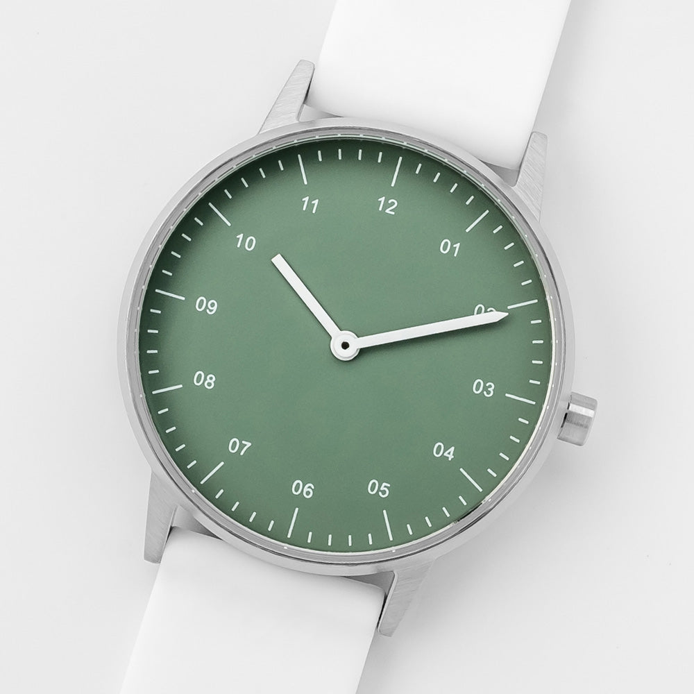 B40 Watch, Silver Case, Green Dial, Rubber Strap - White